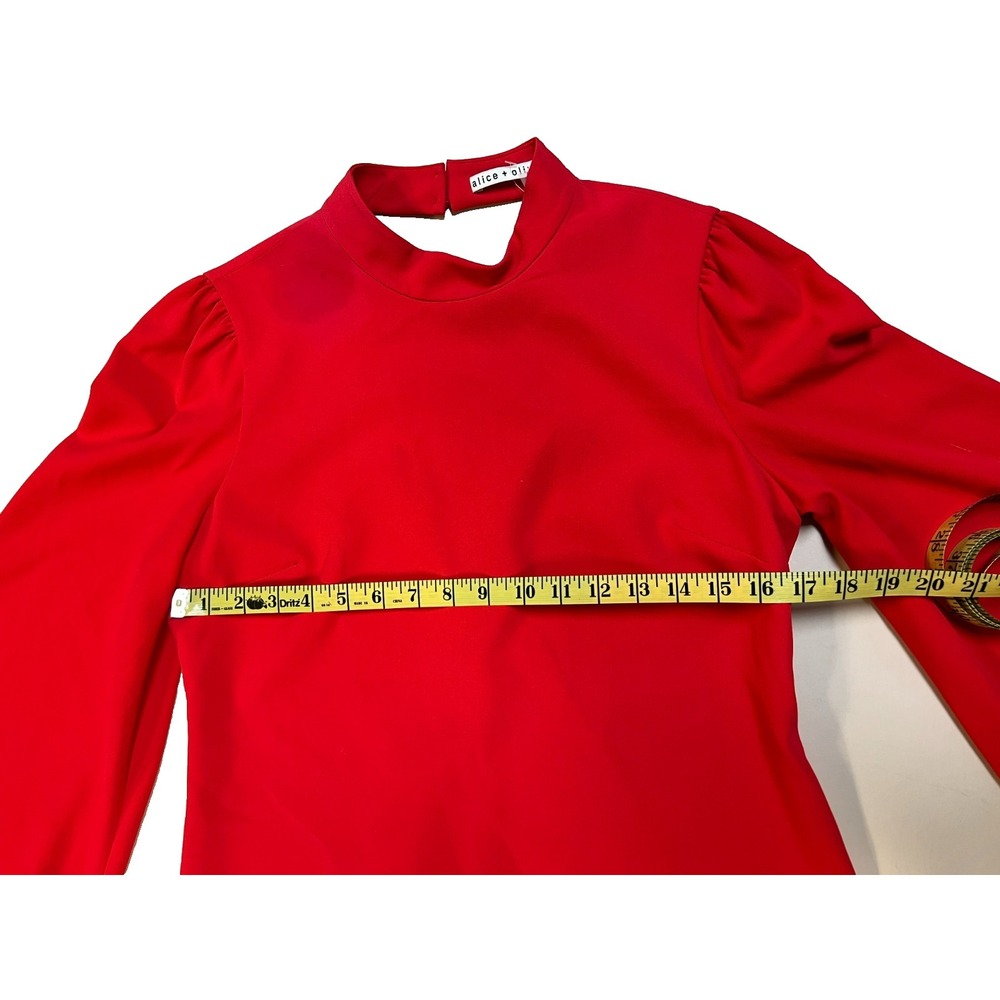 Alice & Olivia Bailey Mini Dress Red Mock Neck V-Back Zip 3/4 Bell Sleeve SZ 8 - Picture 15 of 16